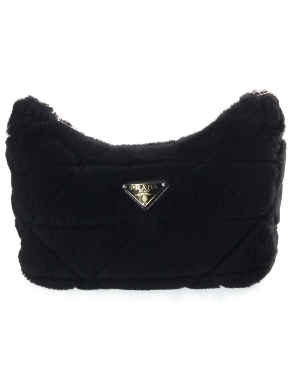 Prada Triangle Logo Quilted Sheep Fur Body Shoulder Bag Fleece Black